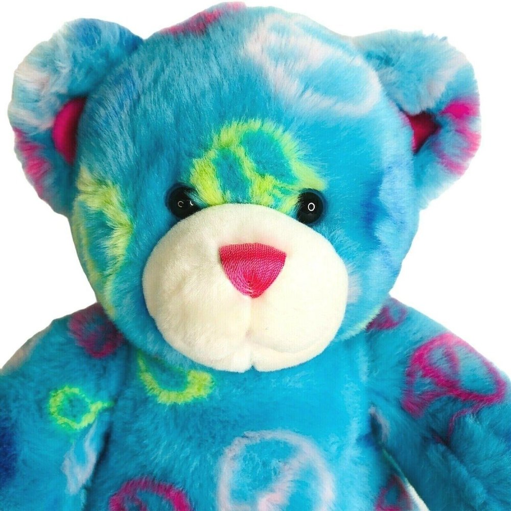 Build A Bear Peace Sign Teddy Bear Plush Blue Mult